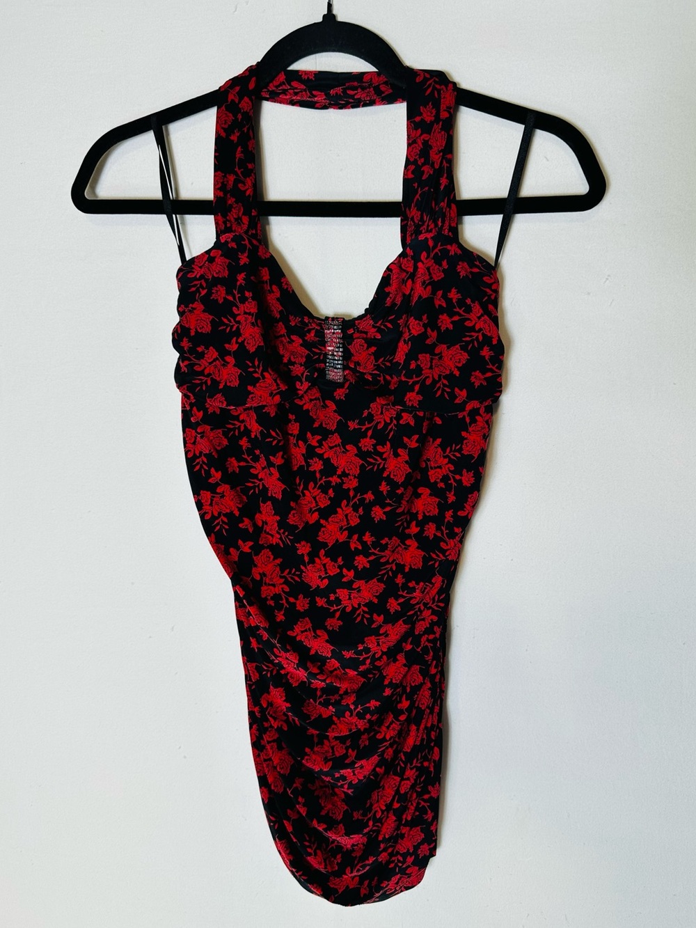 Vintage Y2K Express Black Red Floral Halter Neck Ruched Bodycon Blouse M